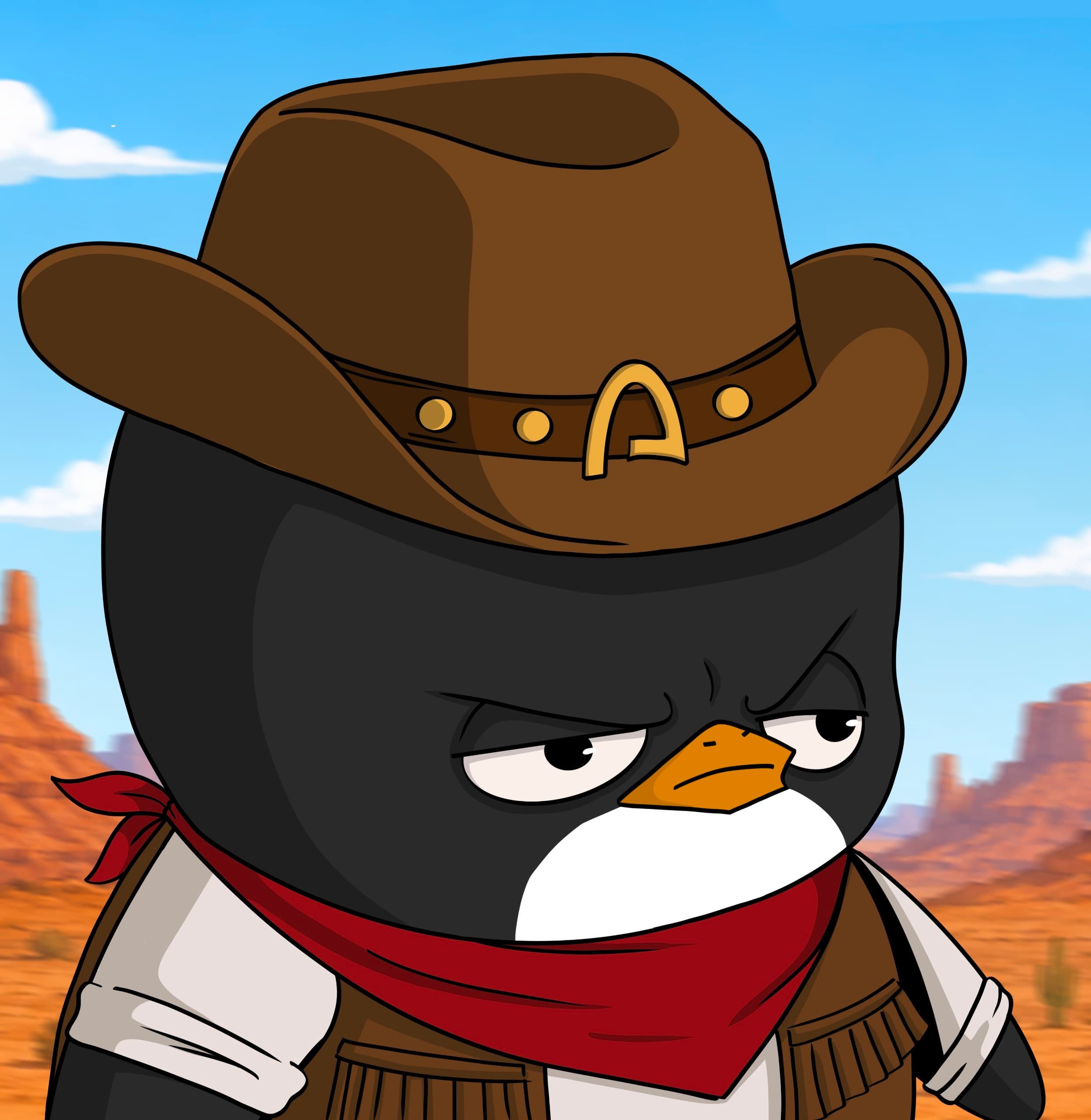 Arc Penguin in a brown cowboy hat and red bandana